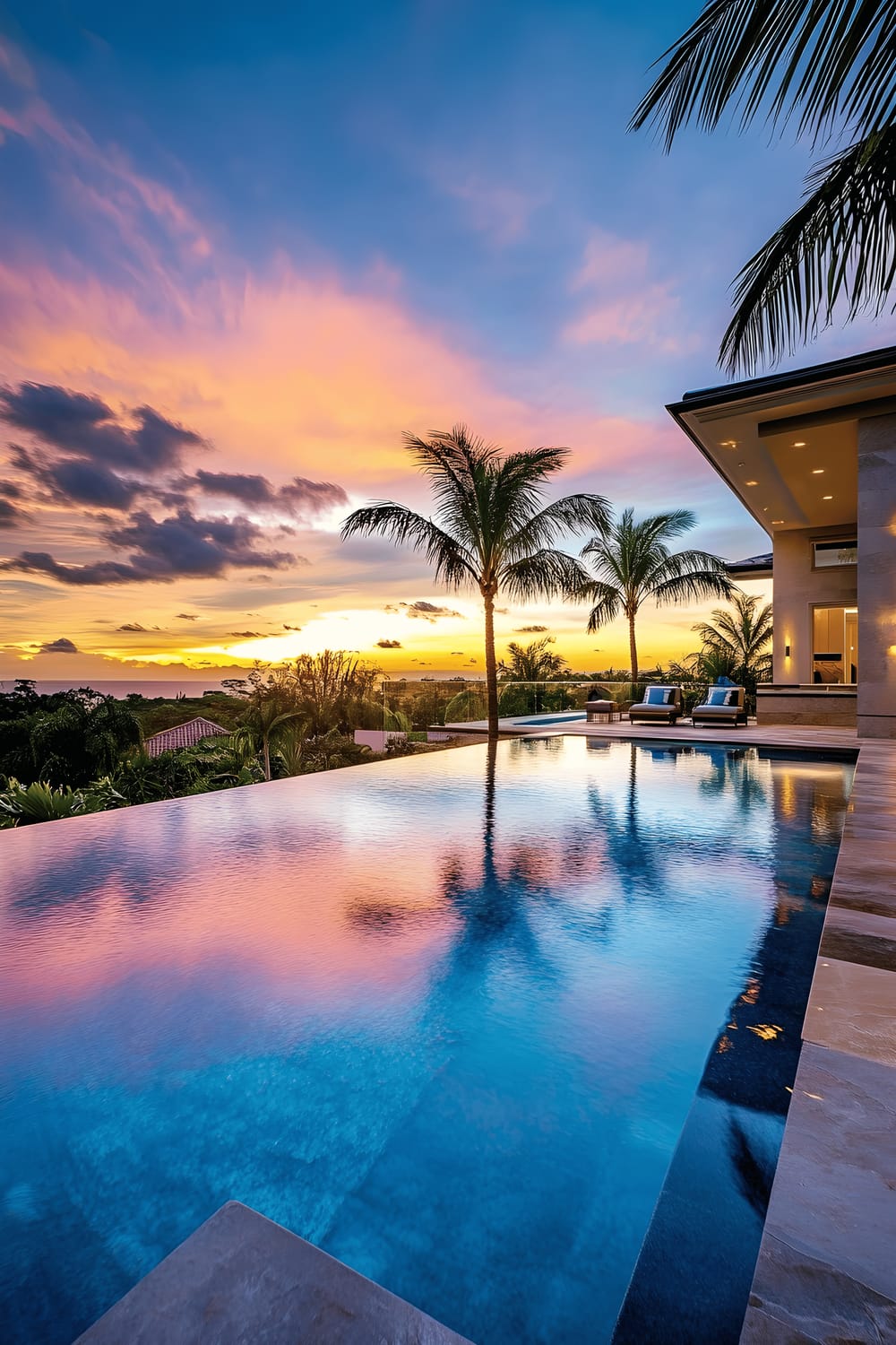 A luxurious backyard presenting a breath-taking view of an infinity pool set against the backdrop of a vibrant sunset. The pool is surrounded by smooth travertine tiles, and softly lit palm trees scattered across the landscape add an exotic touch to the serene ambiance. The sunset paints the sky with hues of orange and purple, casting stunning reflections on the tranquil water.