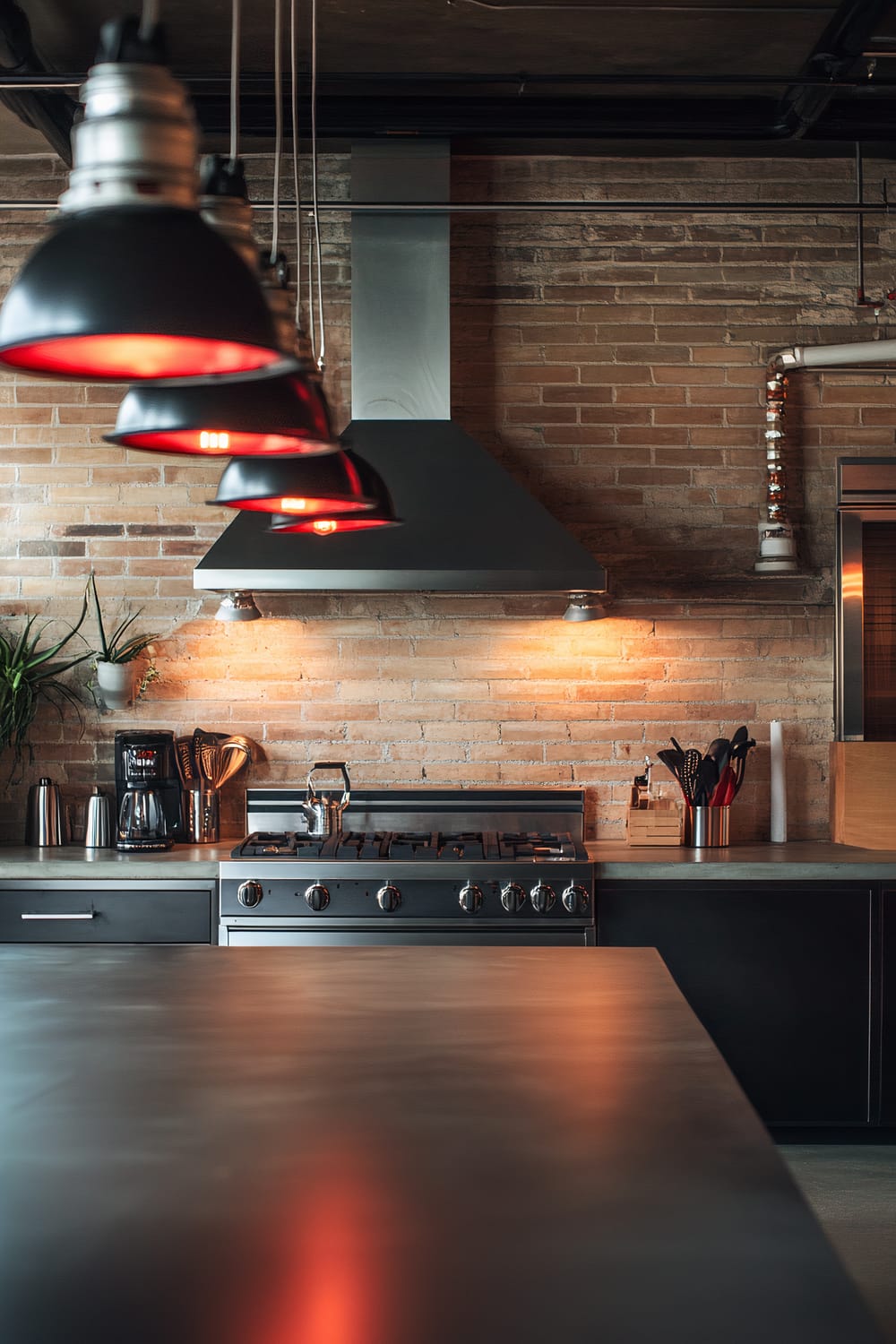 An industrial-style kitchen loft featuring a row of black metal pendant lights with red Edison bulbs hanging above a concrete countertop. The background includes an exposed brick wall, stainless steel appliances, and minimal decor including plants and kitchen tools.