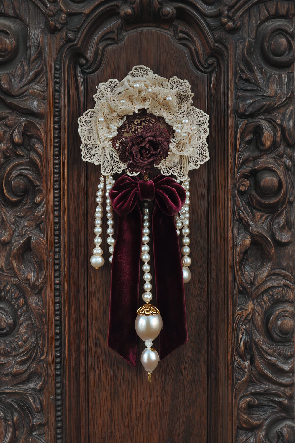 An ornate, dark wooden panel featuring intricate carvings, with an elegant ornament at the center. The ornament consists of a deep burgundy rose surrounded by lace and adorned with strings of pearls and a burgundy velvet ribbon.