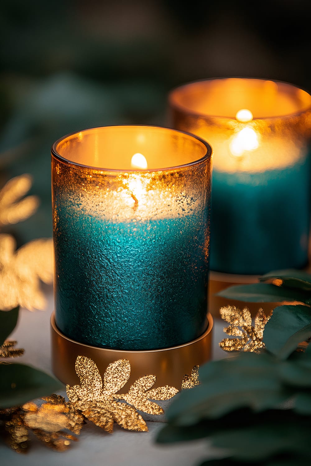 Three teal candles displayed on amber-colored metallic holders are surrounded by gold leaf accents. The scene is illuminated by a soft, warm light, creating a glowing and luxurious atmosphere.