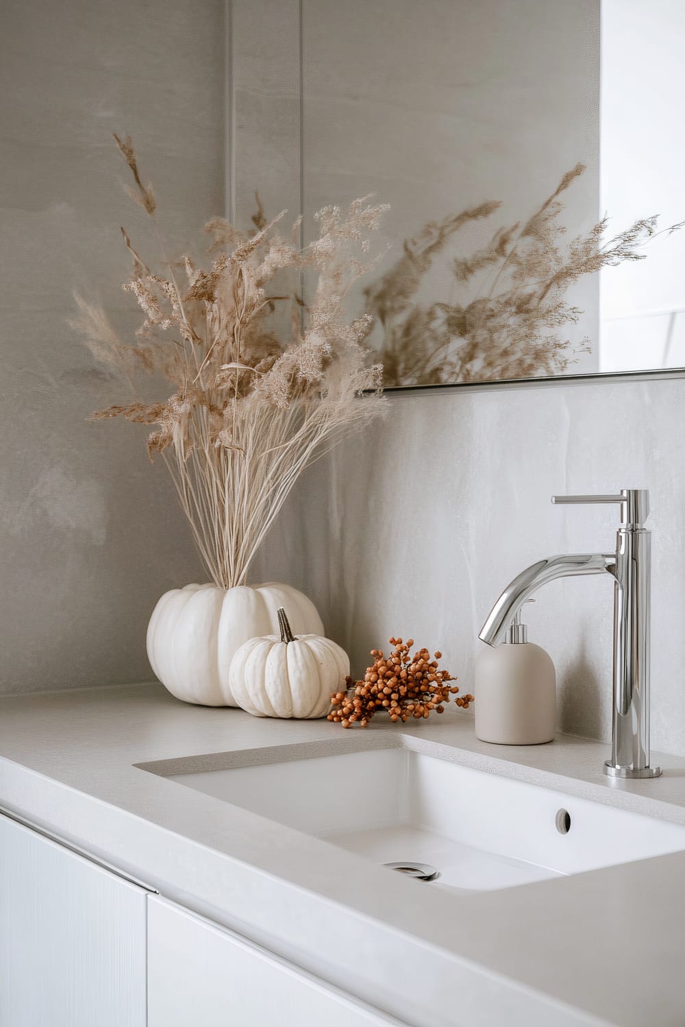 A minimalist bathroom vanity features a white basin and a sleek chrome faucet. On the left side of the countertop, there are two white pumpkins of different sizes, some amber-colored berries, and a vase holding dried pampas grass. The background includes a part of a mirror reflecting the dried pampas grass, and the wall has a light, smooth texture that complements the neutral color palette.