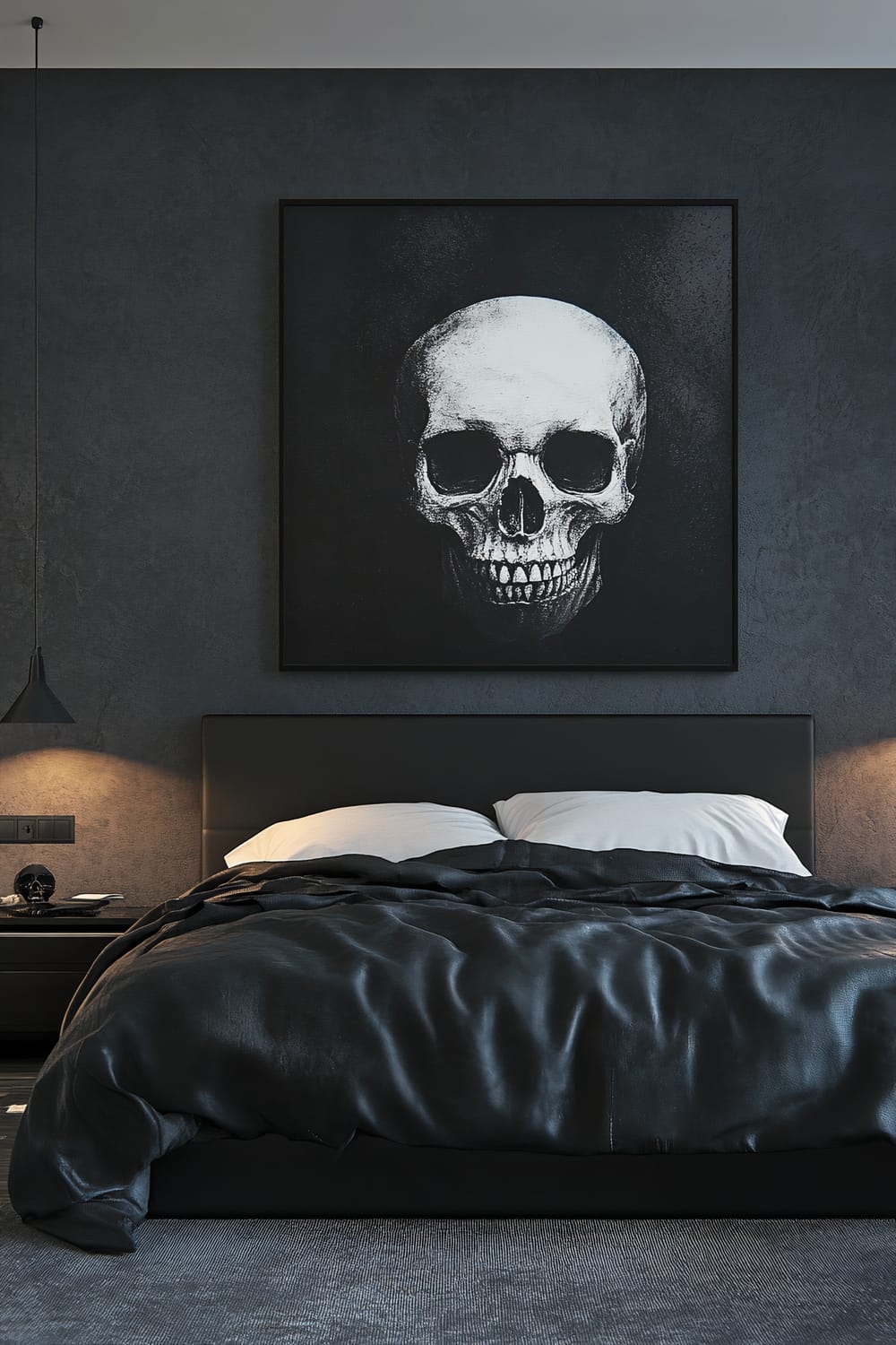 A modern, monochrome bedroom featuring a large minimalist skull art piece above a sleek bed with dark bedding and white pillows. The room has a dark color scheme with sharp contrasts and focused lighting highlighting the art. Sleek, uncluttered furniture, including a bedside table with a skull decor, completes the bold and artistic look.