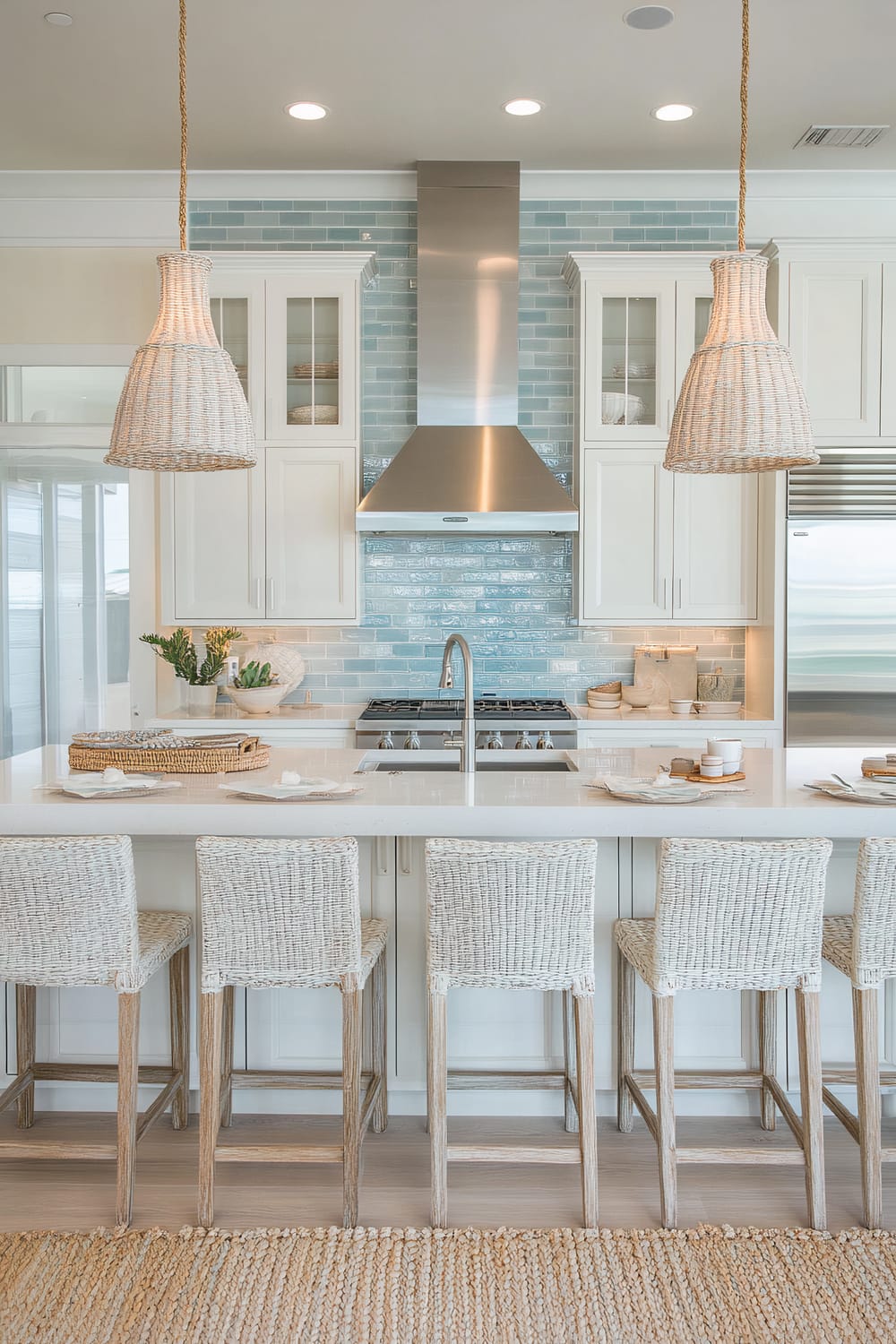 This kitchen features a sleek, contemporary design with a coastal vibe. The central island has a white countertop with a built-in sink and faucet, accompanied by woven white bar stools with wooden legs. Two woven pendant lights hang above the island. Light blue subway tiles adorn the backsplash, behind a stainless-steel range with a modern hood. White cabinets with glass doors flank the range hood, and various decor items and plants add a touch of greenery.