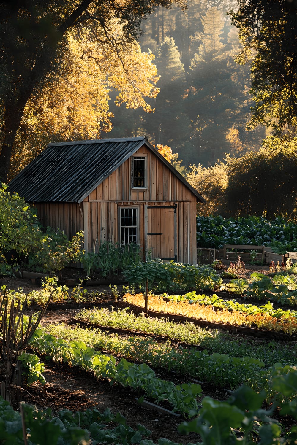 A classic barn-inspired shed made of board-and-batten siding in warm earthy tones is situated next to well-organized vegetable and herb gardens. The gardens sport consistent and impeccably straight rows of various plants. Both the shed and the garden are bathed in the soft glow of early autumn sunlight casting long, dramatic shadows across the landscape. The overall composition of the image showcases harmony and meticulous attention to detail.