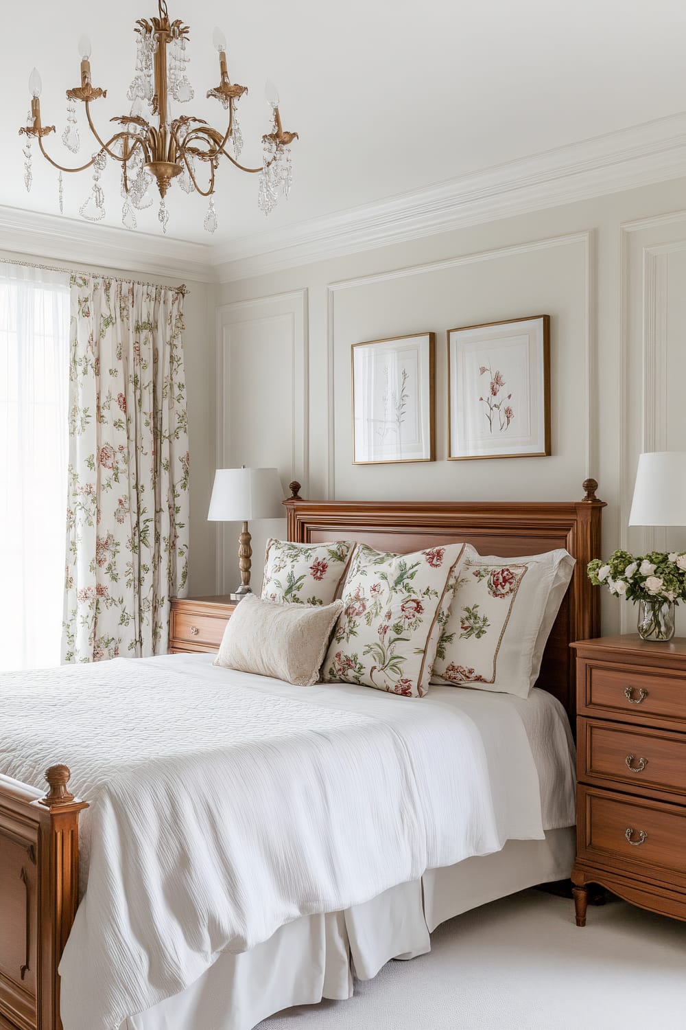 A bedroom interior featuring a wooden bed with white bedding and floral pillows. The room includes a wooden nightstand with a vase of flowers, table lamp, and floral curtains. Two botanical prints hang on the wall above the bed, with a vintage-style chandelier hanging from the ceiling.