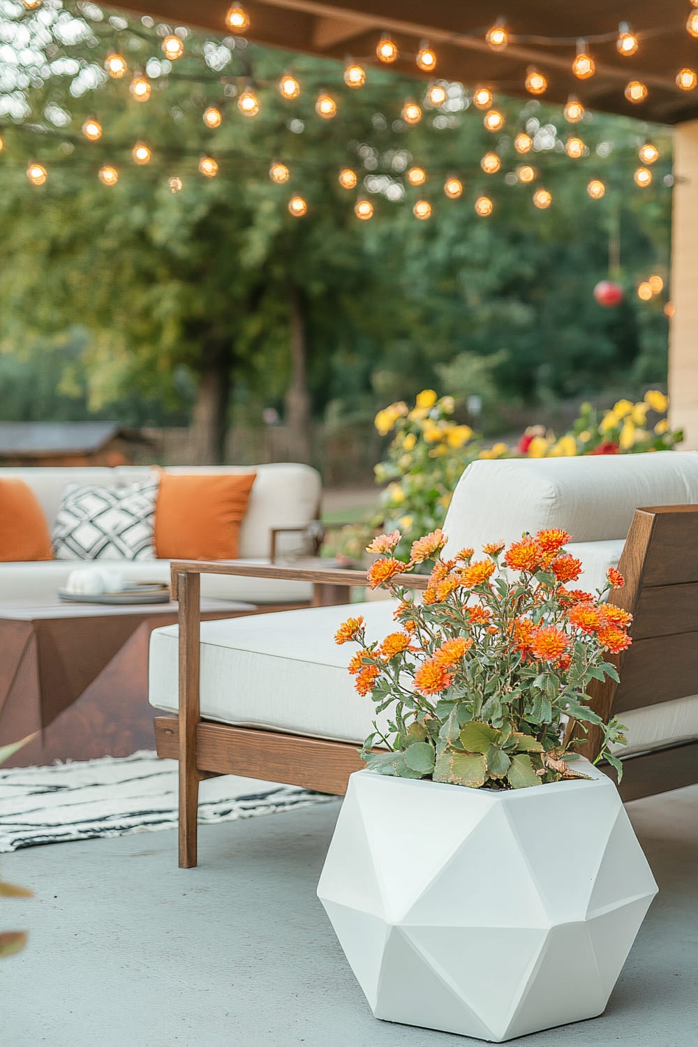 A modern outdoor seating area featuring a wooden armchair with white cushions, complemented by an angular white planter containing orange flowers. In the background, another seating arrangement with cushions in orange and geometric patterns is visible. There are string lights hanging overhead, and the setting is surrounded by greenery and trees.