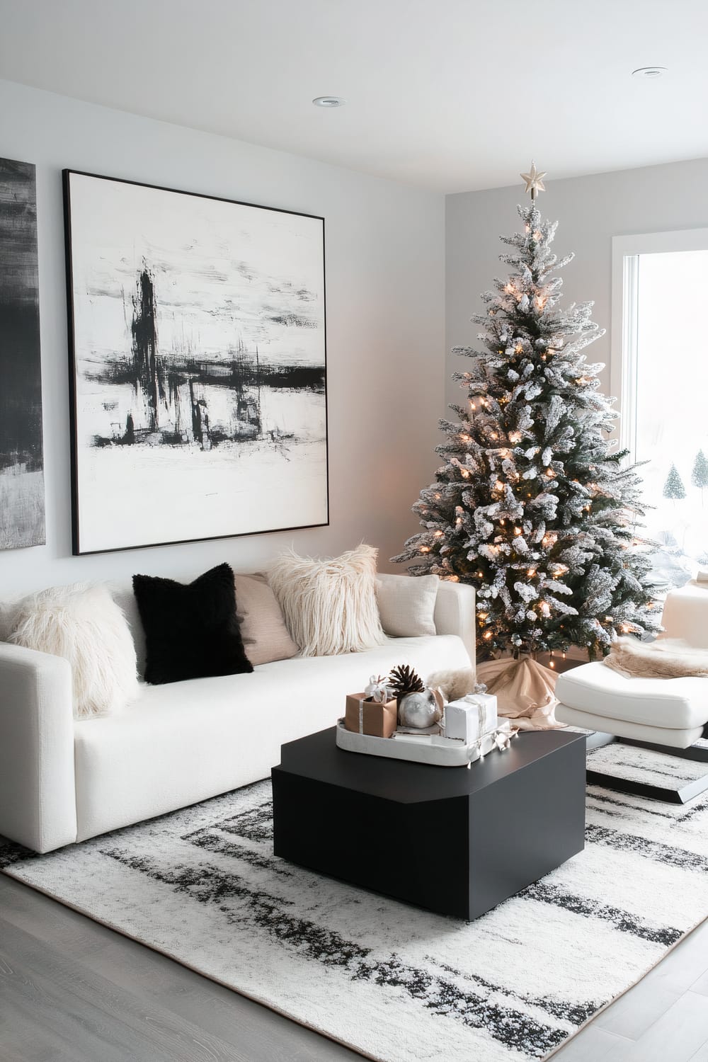 A modern living room with minimalist decor features a snowy Christmas tree adorned with white and gold ornaments and a star topper. A white sofa with black and beige accent pillows sits next to the tree. Two large black and white abstract paintings hang on the wall behind the sofa. A black coffee table with a tray filled with pinecones, ornaments, and small wrapped gifts sits on a patterned black and white rug. Natural light streams in through a window next to the tree.