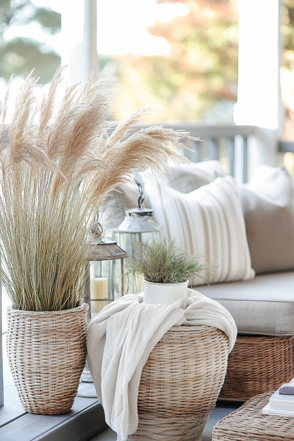 The image captures a serene outdoor seating area adorned with natural elements. Prominently featured are two wicker baskets, each filled with tall, dried plants. A white ceramic pot on top of one of the baskets holds a smaller, green plant. Soft throws are draped over the baskets, adding a touch of warmth. Behind them, a comfortable seating area with large, grey cushions and a few striped pillows invites relaxation. Two lanterns with white candles rest on the floor, complementing the earthy color scheme of the space. The background shows a hint of greenery and a bright, sunlit atmosphere.