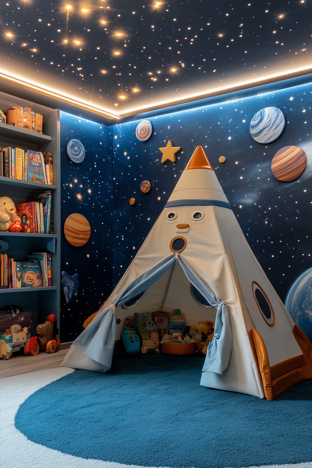 A futuristic, space-themed playroom featuring a large wall mural of planets and stars. The ceiling is adorned with glow-in-the-dark star stickers, and the floor is covered with a soft blue mat that resembles a night sky. A rocket-shaped bookshelf filled with books and toys stands on the left, and a tent shaped like a spaceship is set up on the blue mat, inviting imaginative play. LED strip lights provide ambient lighting, enhancing the cosmic atmosphere.