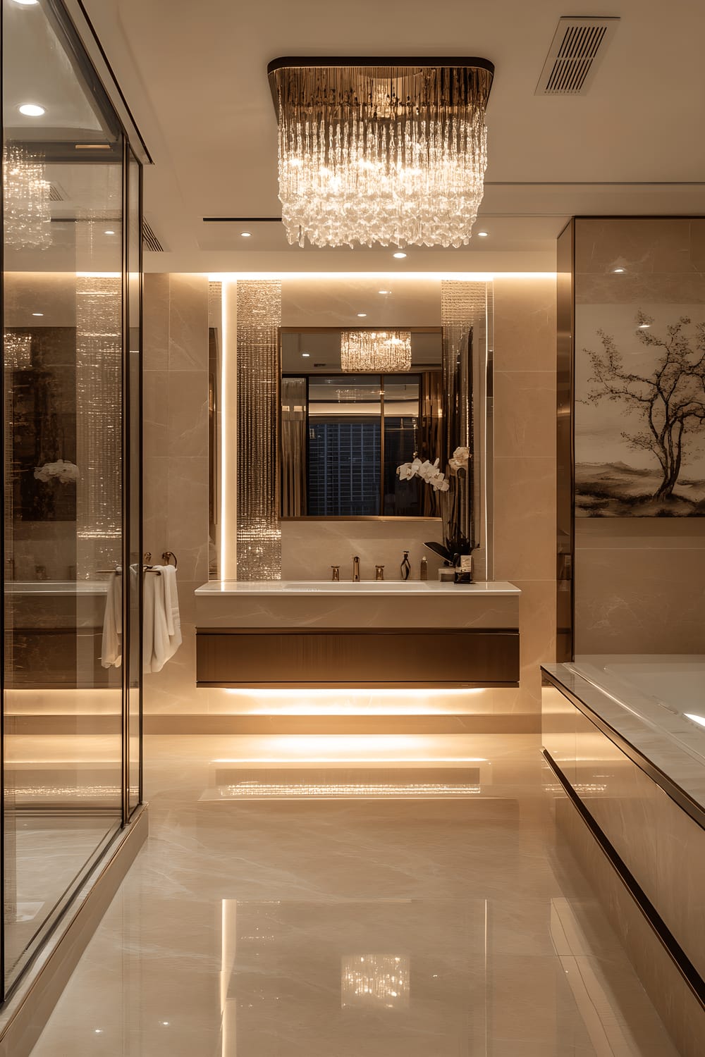 A luxurious master bathroom in Gangnam with high-end materials including marble tiles and polished wood surfaces. The bathroom features sophisticated lighting using chandeliers and recessed fixtures. The color palette includes refined shades of creams and golds. The decor includes elegant fixtures and fittings, with a touch of traditional Korean artwork, giving the room an opulent and spa-like ambiance.