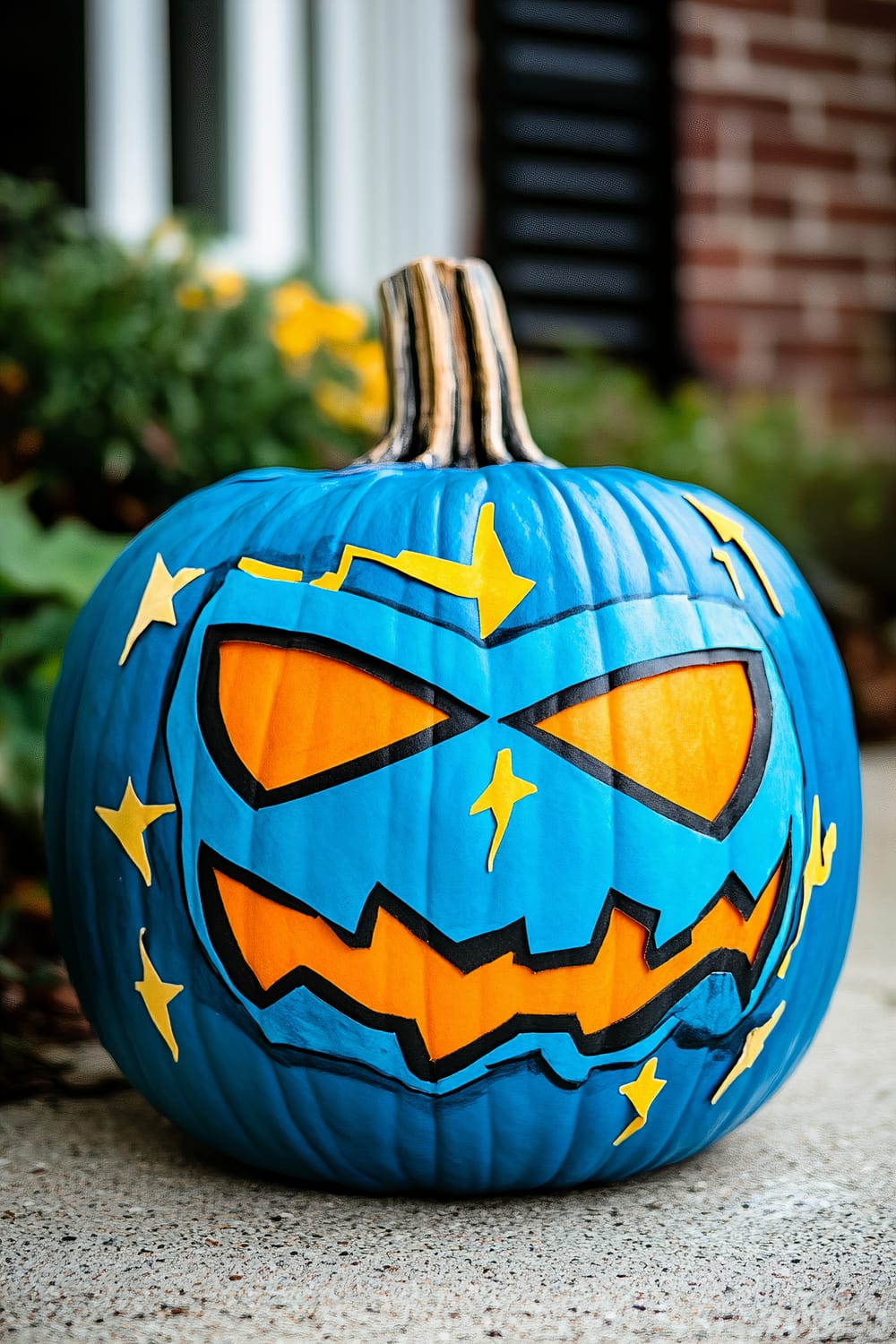 A blue-painted pumpkin with an orange, jagged-toothed mouth, angular eyes, and star-shaped decorations sits on a concrete ground. The pumpkin's stem is natural-colored, and the background includes plants with yellow flowers.