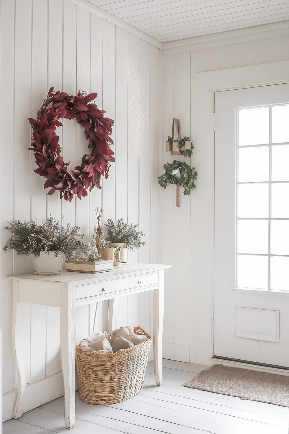 A Scandinavian-style entryway with white shiplap walls and a white wooden console table. Above the table is a large vintage wreath in deep red and gold. The table is adorned with small potted evergreen plants and some decorative items. Below the table is a wicker basket filled with pillows or linen. To the right is a door with window panes allowing natural daylight to flood into the space. Beside the door, a smaller green wreath hangs on the wall.