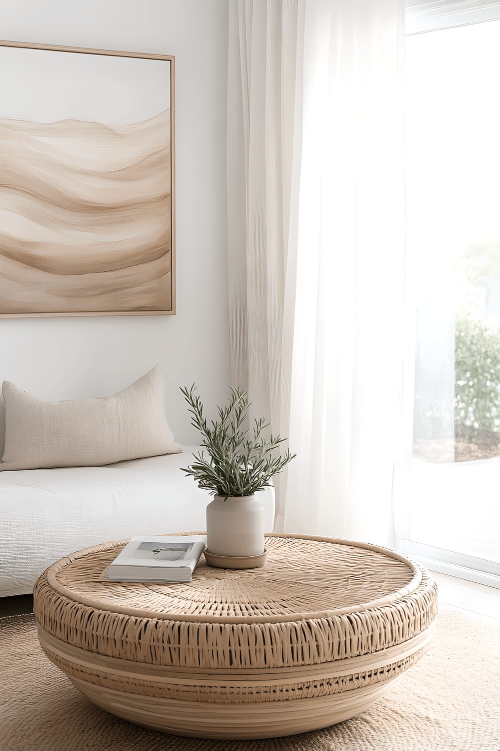 A bright, Scandinavian-inspired living room featuring a beige couch, round rattan coffee table with a small potted rosemary plant on top, cream rug, and white walls. On the wall over the couch hangs a muted beige abstract art piece, and a soft light is filtering through sheer curtains on a window in the far corner of the room.