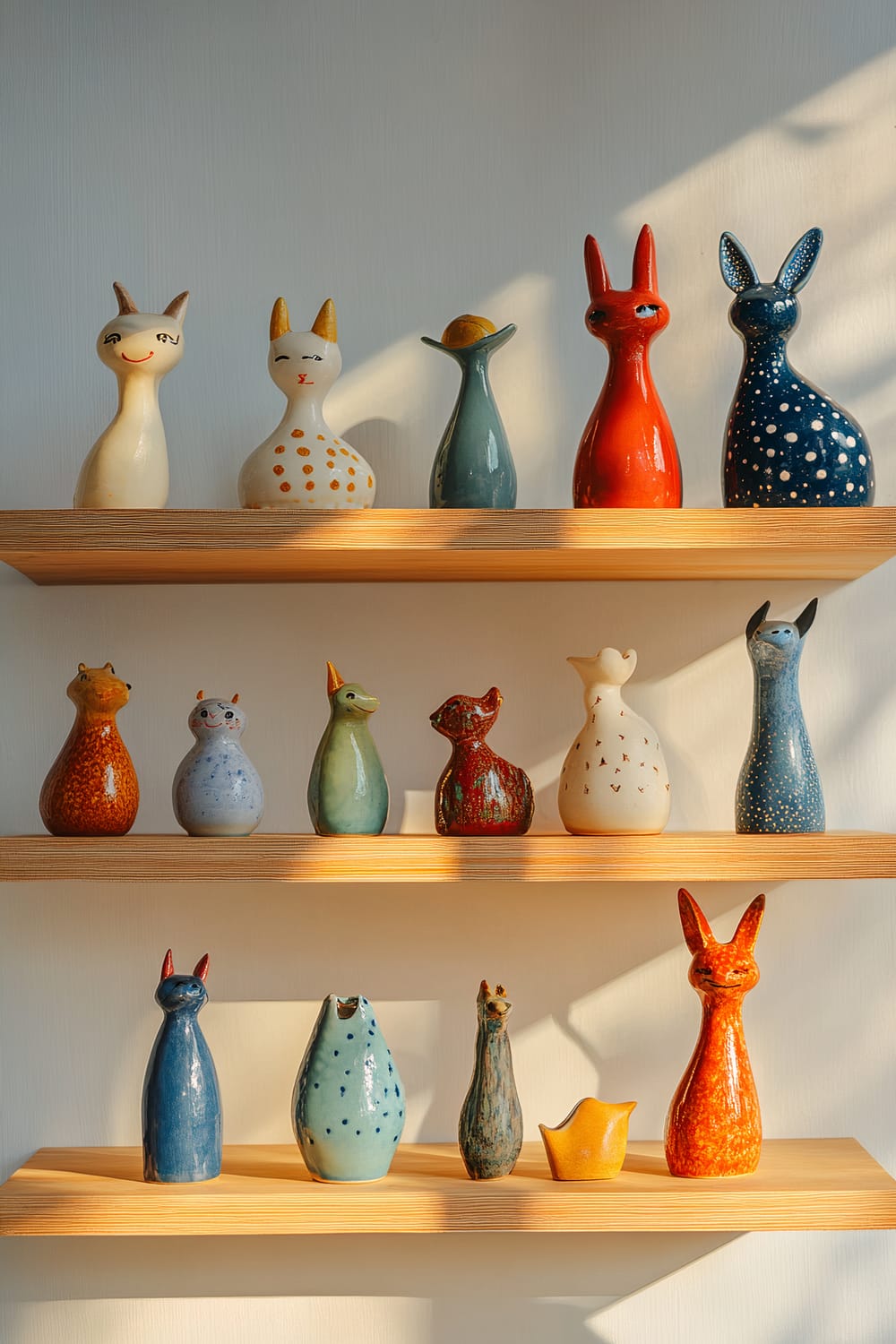 A minimalist wooden shelf against a light pastel textured wall, displaying colorful ceramic figurines. The figurines are whimsical animals and abstract shapes in hues of blue, red, gold, and more neutral tones. Soft ambient lighting casts gentle shadows, highlighting their details.