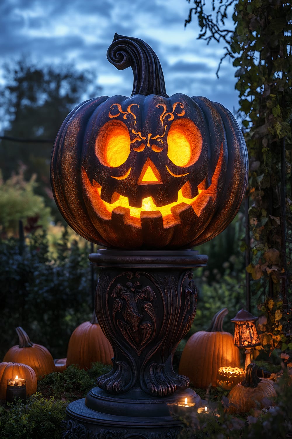 A large, intricately carved jack-o'-lantern glows with orange LED lights from within, placed on an ornately carved antique wooden pedestal in a dark garden setting. Smaller pumpkins and flickering candles surround it. The backdrop is a twilight sky with blue and purple hues, and shadows from nearby trees add depth to the scene.