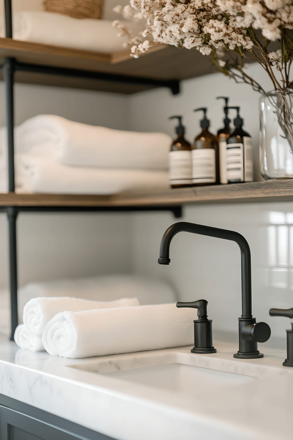 A modern, sleek bathroom with metal accents and soft lighting. A marble countertop with a matte black faucet is in the foreground as the key element, backed with industrial-style shelving filled with neatly folded towels and minimalist style decor. There is a frosted window which allows in natural light, complementing the overhead lighting.