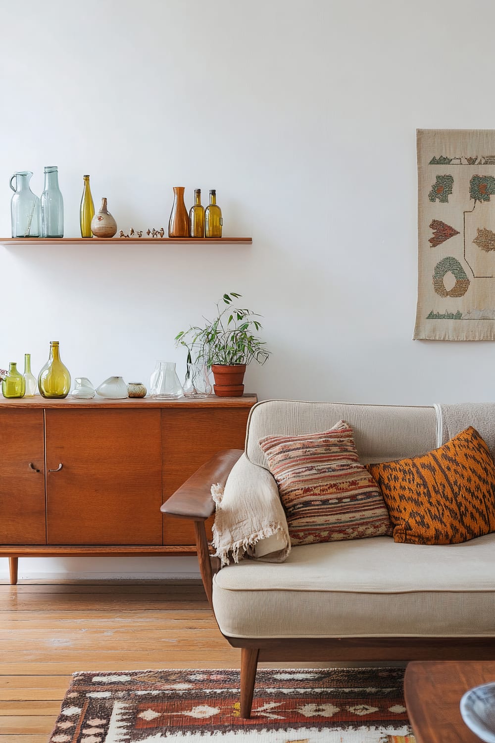 A living room with a mid-century modern aesthetic is showcased. A beige upholstered sofa with a wooden frame is partially visible, adorned with patterned throw pillows in earthy tones of burnt orange and red. A woven throw is draped casually over the sofa's arm. Behind the sofa is a wooden sideboard featuring a potted plant and an assortment of glass bottles in varying shades of green and clear. Above the sideboard, a floating shelf holds more decorative glass bottles and small sculptures. A woven tapestry with abstract designs in muted colors hangs to the right. The floor is hardwood, complemented by a patterned area rug with geometric motifs in coordinating colors.