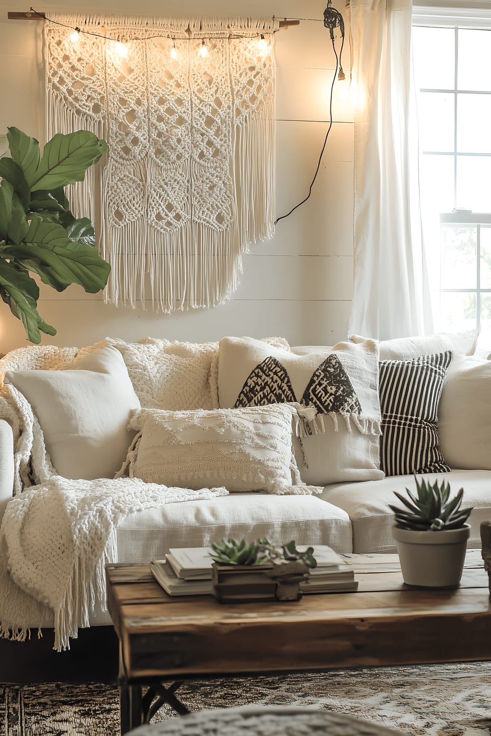 A farmhouse-style living room with bohemian elements such as macramé wall hangings and patchwork throws. The room includes a comfortable linen sofa positioned against a white wall, a wooden coffee table with metal legs, and vibrant green potted fiddle leaf fig plants. The room is illuminated by a mix of ambient lighting from overhead string lights, a vintage floor lamp, and daylight from a window.