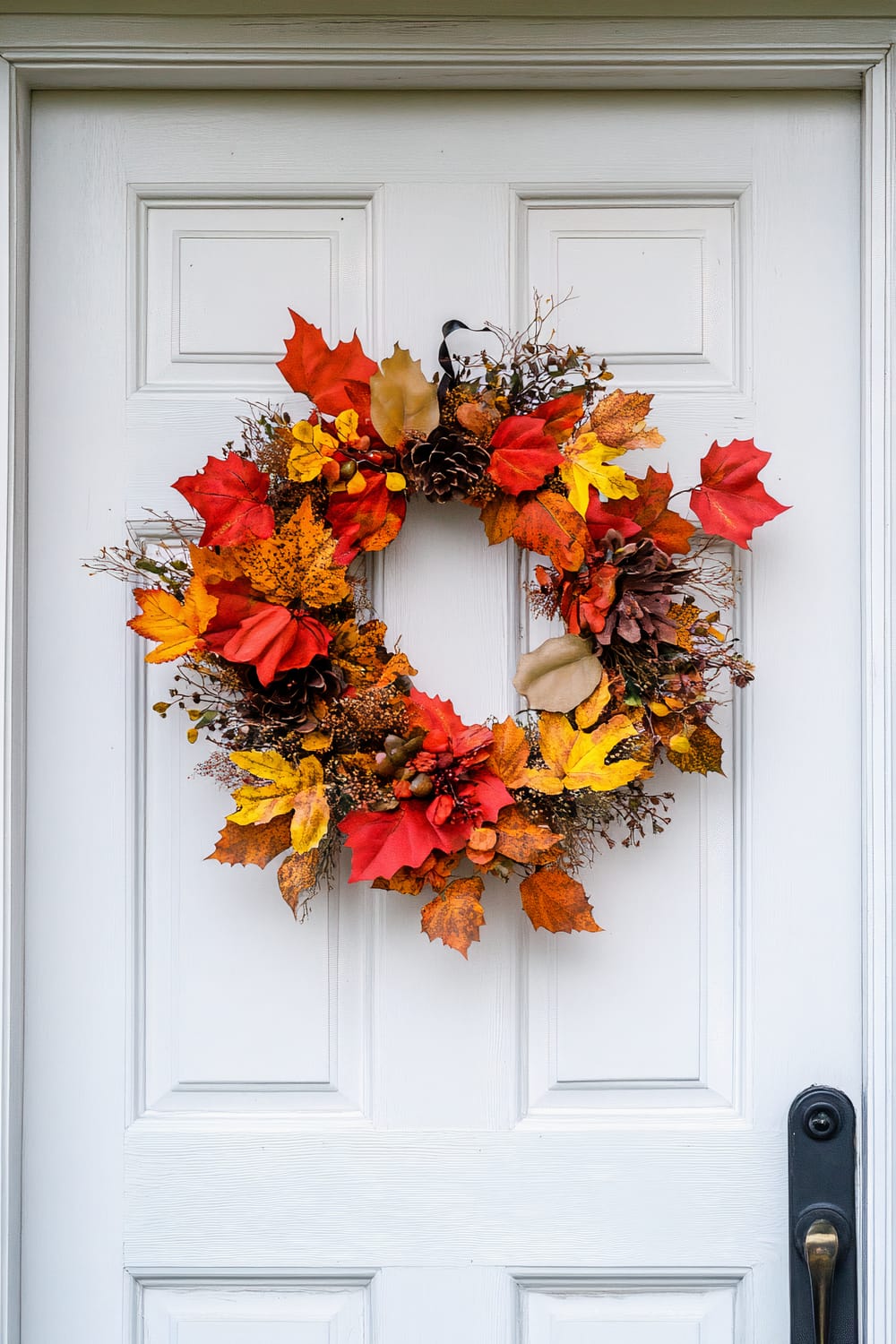 An autumnal wreath adorned with vibrant orange, red, yellow, and brown leaves, accented with pinecones, small berries, and dried branches, hanging on a white paneled door with a black door handle.