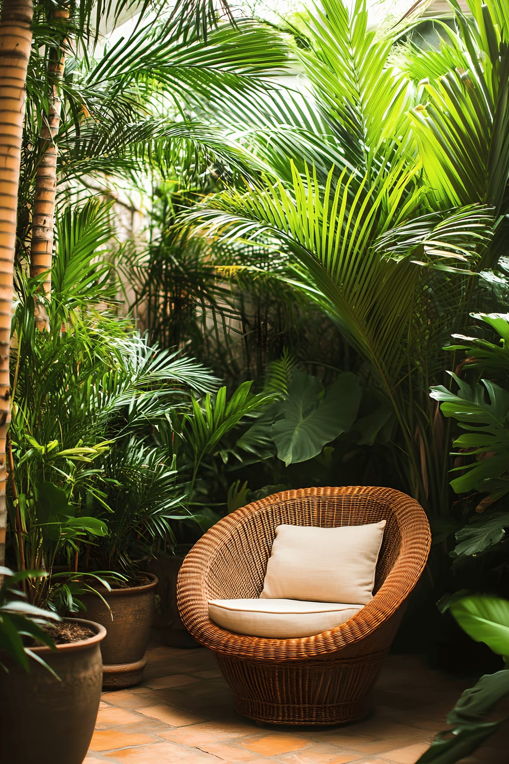 An exotic small garden featuring large potted palms, thick bamboo for privacy, and a fashionable rattan chair with a linen cushion, creating a serene escape.