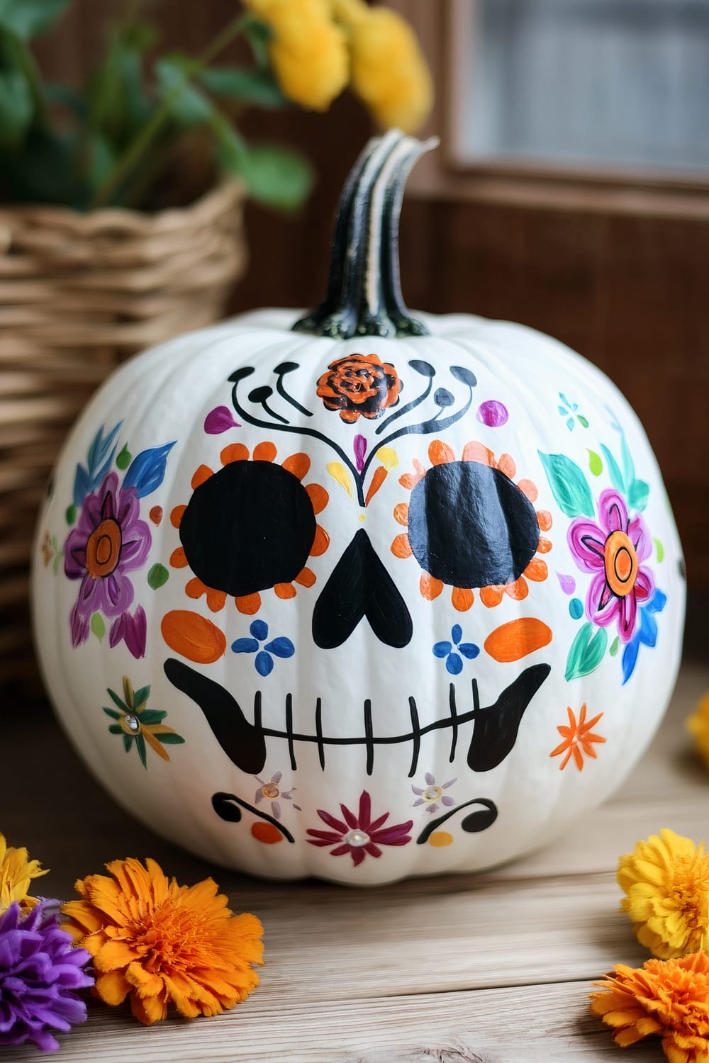 A white pumpkin intricately painted with colorful Day of the Dead (Dia de los Muertos) motifs. The design features large black eye sockets surrounded by orange petals, and a black nose and mouth resembling a skull. Bright flowers in various colors embellish the pumpkin, enhancing its festive appearance. Yellow and orange marigold flowers are placed around the pumpkin on a wooden surface, and a wicker basket with yellow flowers is partially visible in the background.