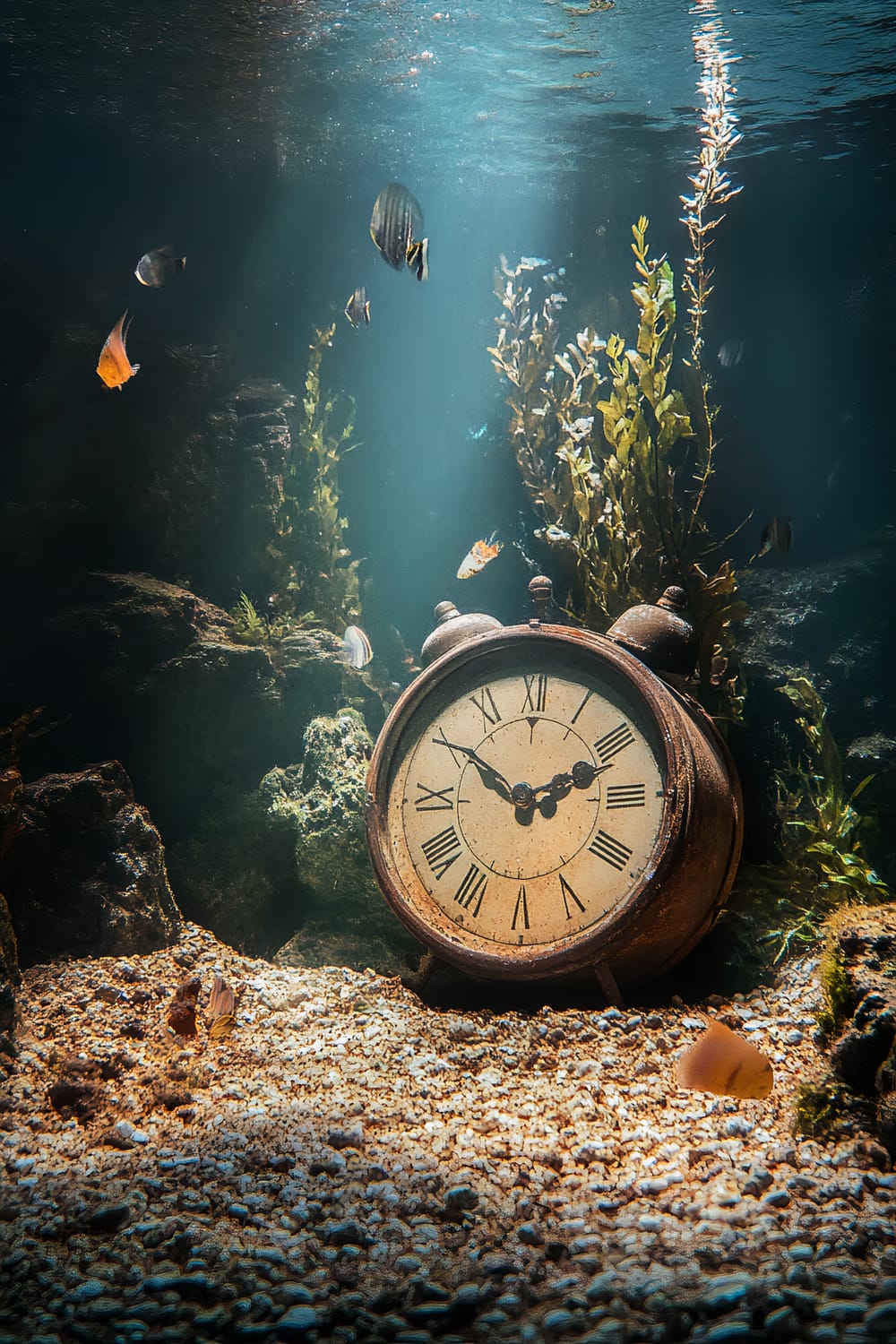 An aquarium scene featuring a vintage clock partially buried in the gravel substrate. The clock's antique appearance contrasts with the underwater environment. Surrounding the clock, various colorful fish swim amidst green plants and rocky formations. The lighting is soft and muted, creating a tranquil and timeless underwater ambiance.