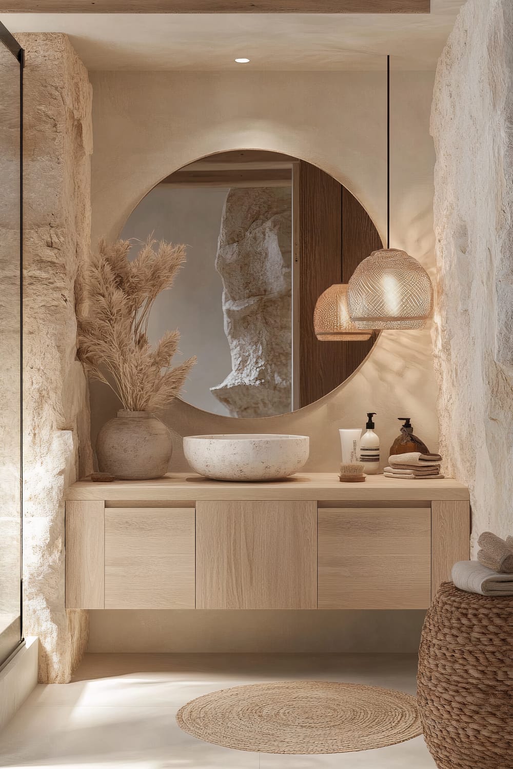 A serene bathroom with a minimalist design. The space features a floating wooden vanity with a round mirror above it. On the vanity, there's a rustic, shallow stone sink, complemented by a vase with dried pampas grass. Two intricately woven pendant lights hang stylishly on one side, casting a warm glow over the stone-textured wall. To one side, a wicker basket and neatly rolled towels add a touch of coziness. A small, circular woven rug lies on the floor in front of the vanity.