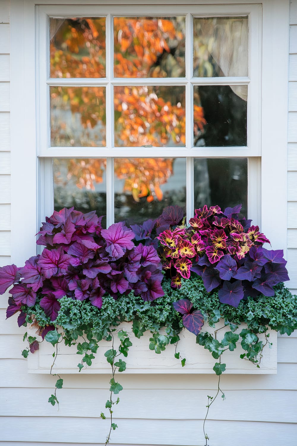 A white window with multi-paned glass reflects bright autumn leaves in shades of orange and red. Below the window, a white flower box is filled with an abundance of vibrant, deep purple foliage, yellow and purple variegated flowers, and trailing green ivy.