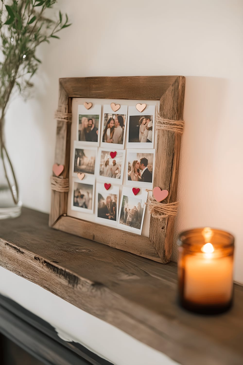 A warm and rustic scene featuring a reclaimed wooden photo frame displaying a collage of Polaroid-style photographs, arranged asymmetrically on a light oak mantel. Delicate twine wound around the frame features dangling red and pink heart charms, adding a romantic touch. The soft glow of a single lit amber candle lends a cozy, inviting touch to the scene.