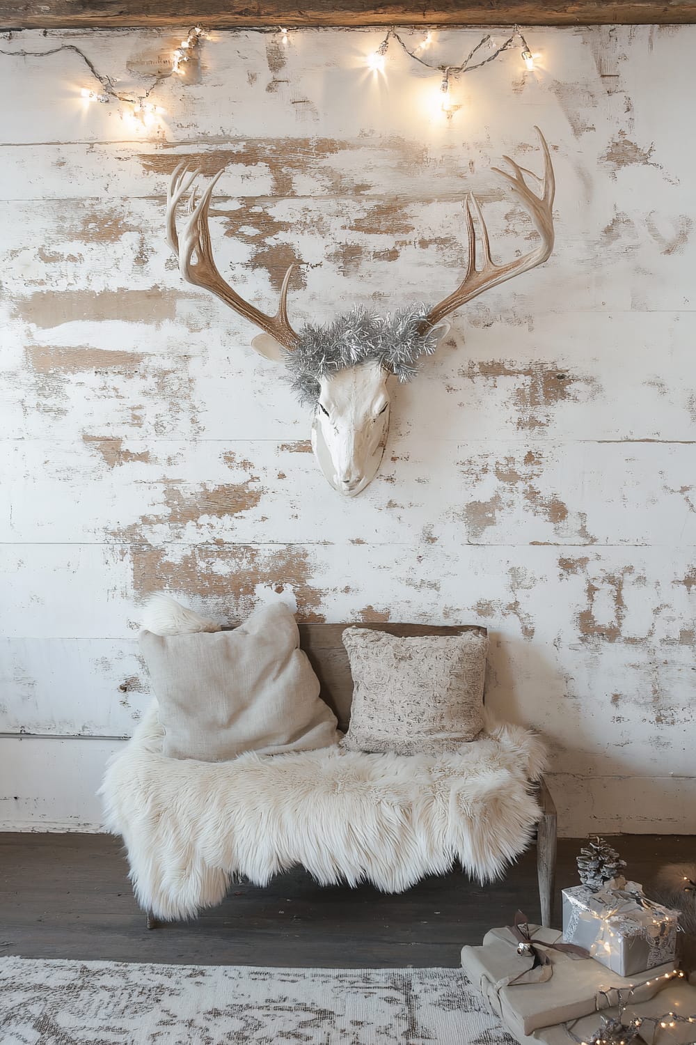 An interior setting with a rustic aesthetic featuring a distressed white wall with a mounted deer skull decorated with tinsel. Below it, there's a wooden bench draped with a fluffy white faux fur blanket, and two textured neutral-toned pillows. To the side, wrapped gifts and pine cones rest on the floor, partially illuminated by string lights hanging along the top of the wall.