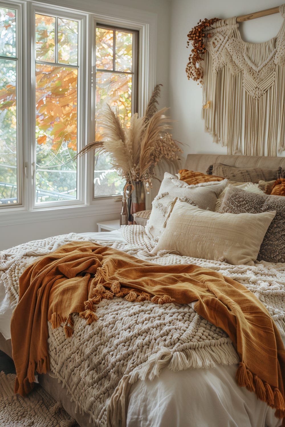 A bedroom scene bathed in natural light from large windows, showcasing various textured, cozy elements. The bed is adorned with multiple pillows in shades of cream, beige, and brown, and layers of knit blankets and throws in cream and mustard yellow. There is a large bunch of pampas grass in a vase beside the bed and a sophisticated macrame wall hanging behind the bed.