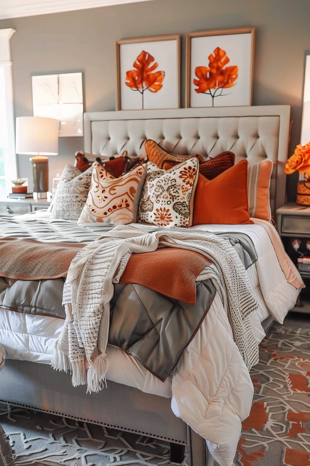 A well-decorated bedroom features a large tufted headboard in a beige fabric with a plush beige and white comforter. The bed is adorned with multiple throw pillows in various patterns and shades of burnt orange and cream. A white knit throw and an orange blanket are draped neatly at the foot of the bed. Flanking either side of the bed are nightstands with modern lamps and decorative objects. Above the headboard, two art pieces depicting autumn leaves in shades of orange are symmetrically hung, adding a cohesive and seasonal touch to the room.