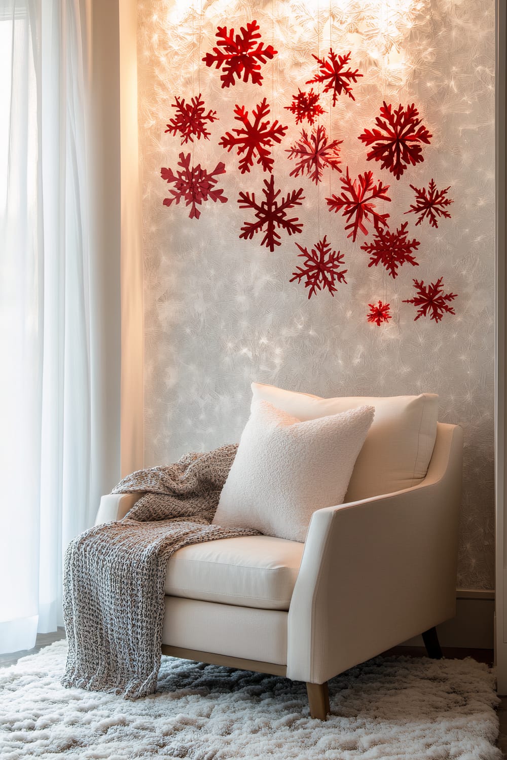 An elegantly decorated corner featuring a beige armchair. The armchair is adorned with a white cushion and a textured gray throw blanket. Above the chair, red snowflake decorations are hanging against a backdrop of a textured wall. The floor is covered with a plush rug, and soft daylight filters through sheer white curtains.