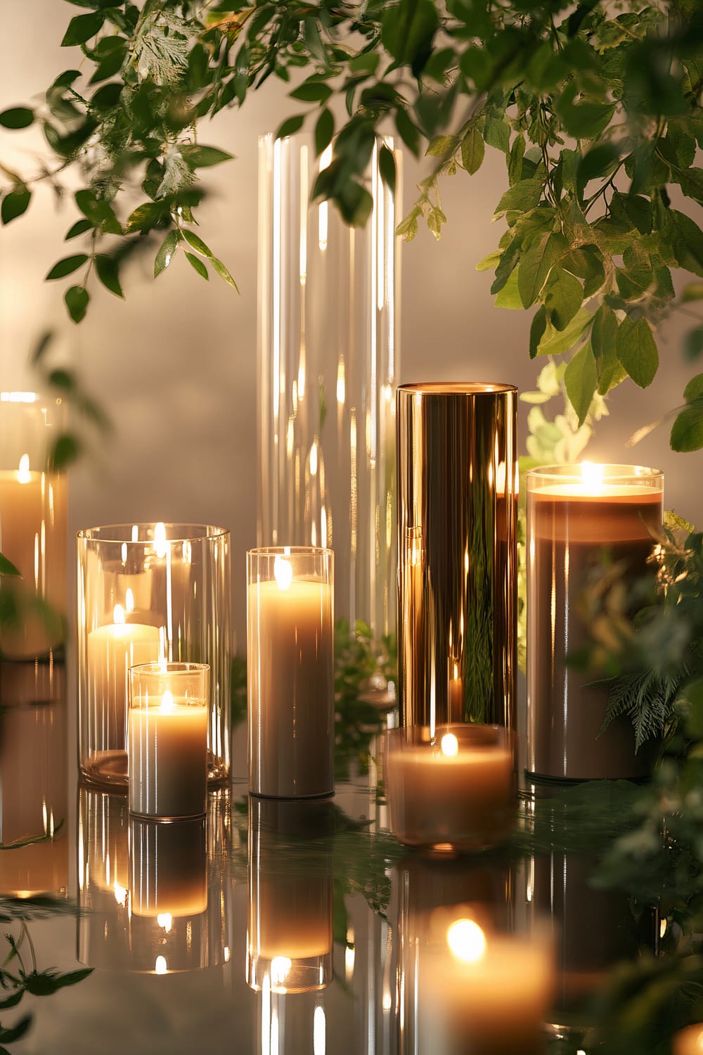 A modern arrangement of various cylindrical candles in neutral colors displayed on a reflective surface. The candles are of different sizes, housed in transparent holders, metallic containers, and glass sleeves. Soft lighting enhances the reflections, and greenery interspersed among the candles adds a natural touch.