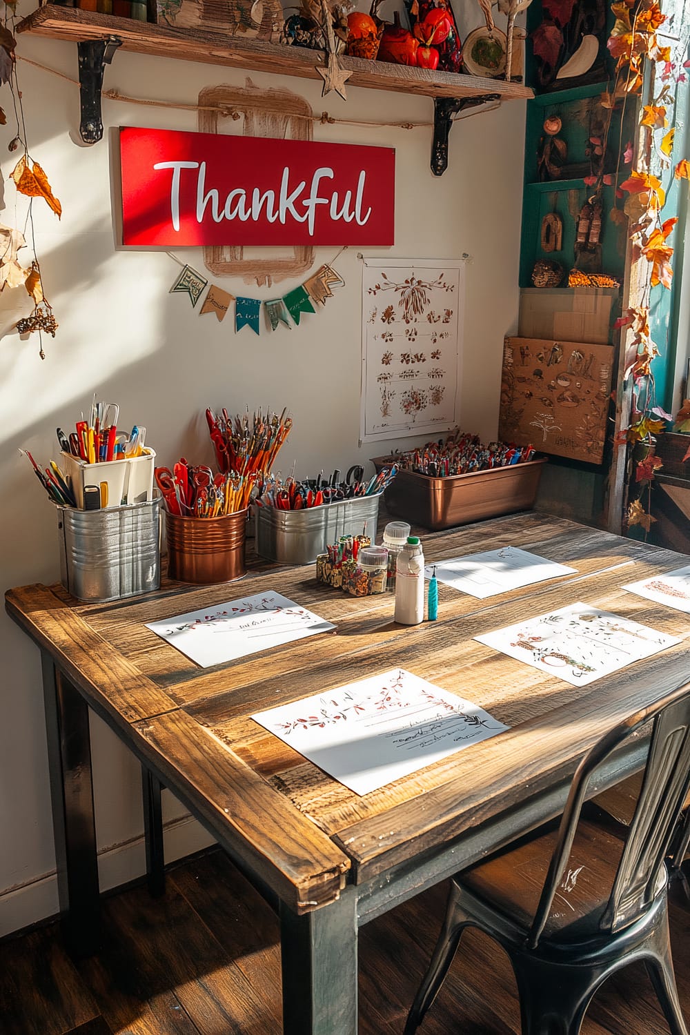 A rustic wooden table is set with four craft supply kits, including colored paper, glue, scissors, and markers, for making personalized place cards. Above the table, a red banner with "Thankful" written on it hangs on the wall. The table also holds additional craft materials in metallic silver storage boxes and a copper green decorative frame displaying an autumn garland. The area is well-lit with natural window light and soft ambient lighting, showcasing autumn-themed decorations against the backdrop.