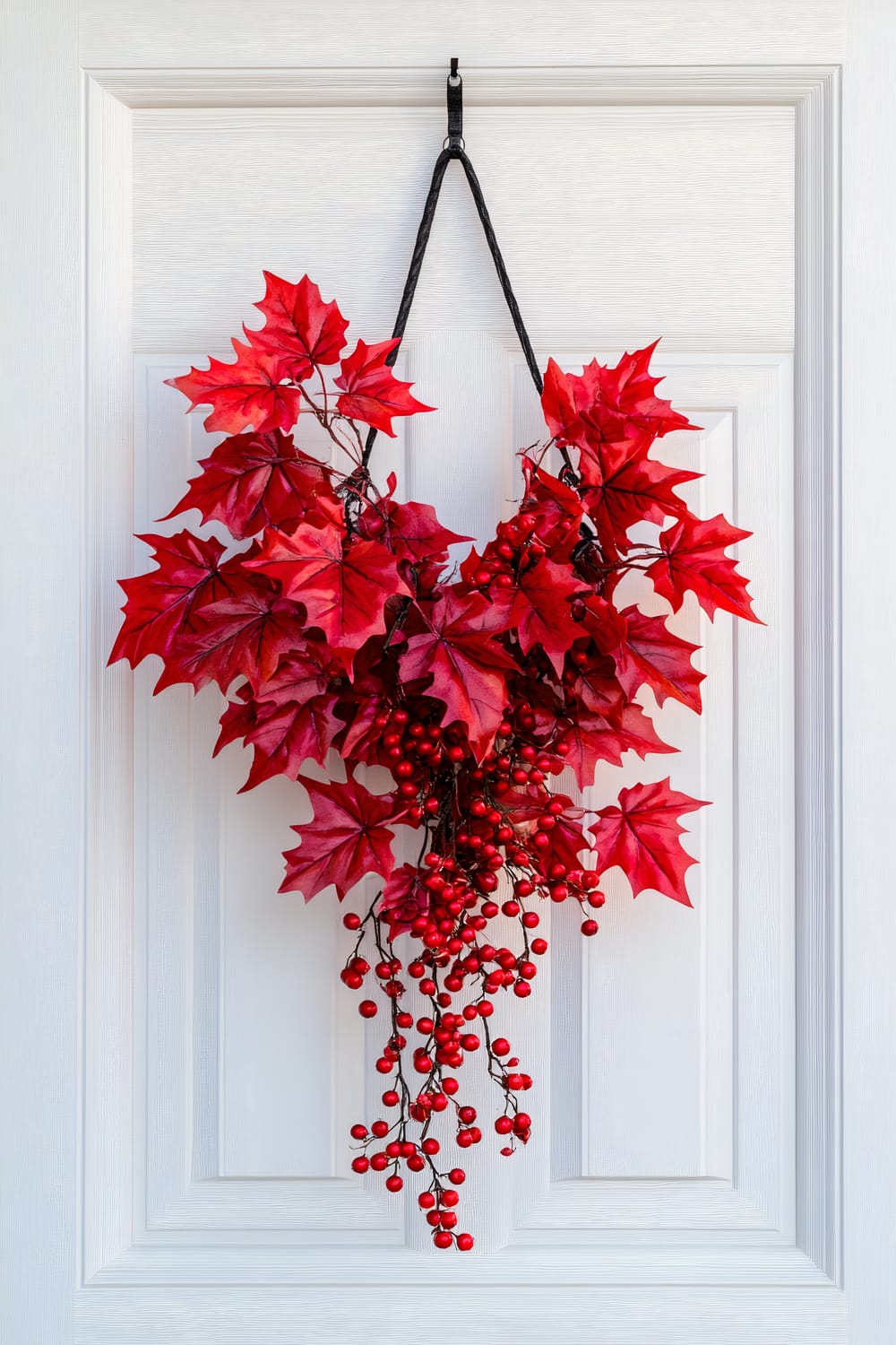 A white door is adorned with a decorative wreath celebrating the autumn and winter seasons. The wreath is comprised of vibrant red leaves and clusters of small red berries, creating a festive and warm image against the plain background of the door.