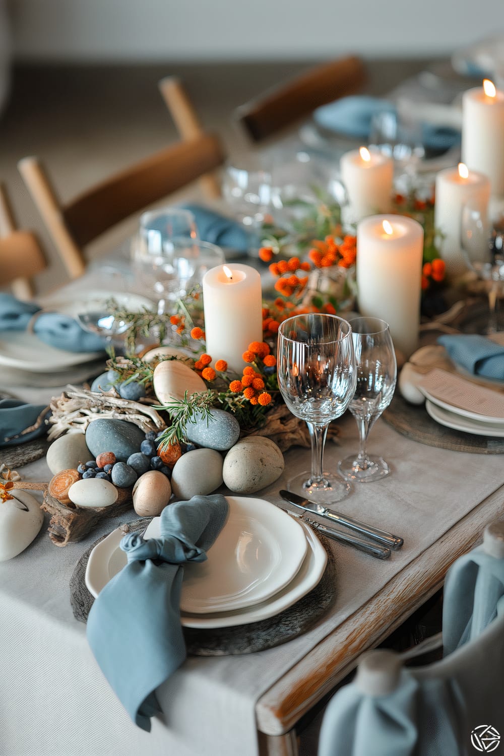 A sophisticated table setting featuring white plates with blue cloth napkins intricately knotted and placed atop them. The table is adorned with an arrangement of smooth stones, orange berries, green foliage, and driftwood, interspersed with tall white pillar candles that are lit, casting a warm and inviting glow. Elegant glassware, including wine glasses, is set alongside cutlery on a soft grey tablecloth, creating a harmonious and chic ambience.