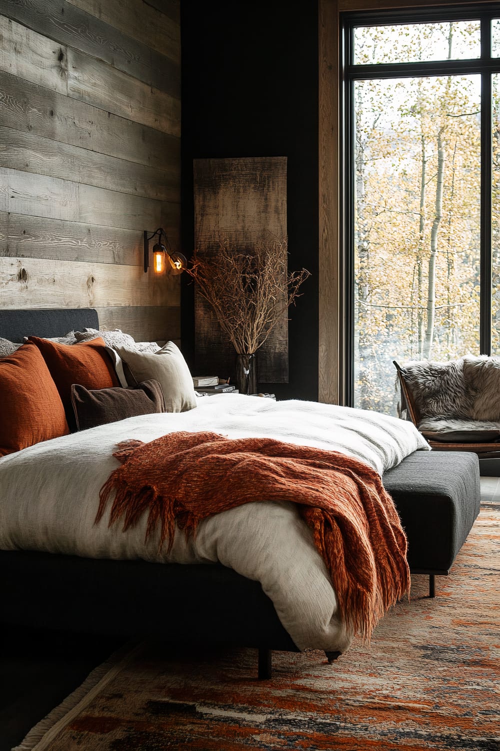 A bedroom with a large window view of autumn trees outside. The interior features a wooden plank accent wall, and a bed dressed with neutral linens, burnt orange throw blanket, and matching pillows. A side table with a vase of dried branches and an overhead wall-mounted light fixture add to the décor.