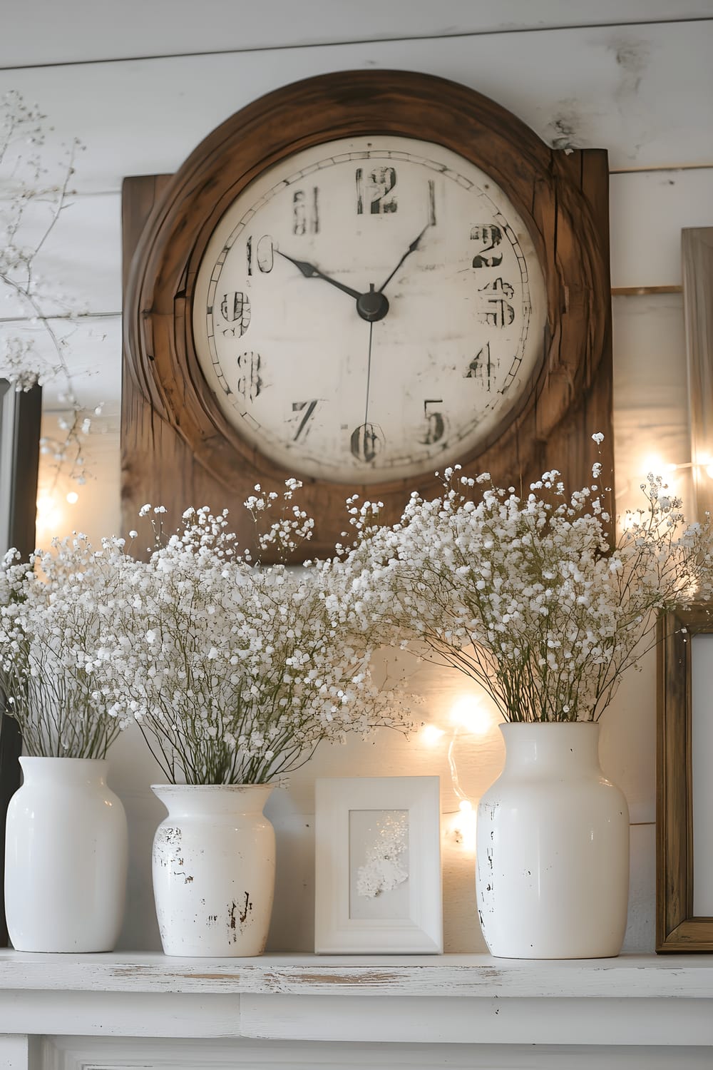 A mantelpiece displaying a carefully arranged composition of vintage items. The objects include an old, weathered clock, a variety of wooden picture frames showing signs of age, a pair of white ceramic vases filled with delicate sprays of baby's breath, and a string of twinkling fairy lights adding a gentle, warm luminescence to the scene.