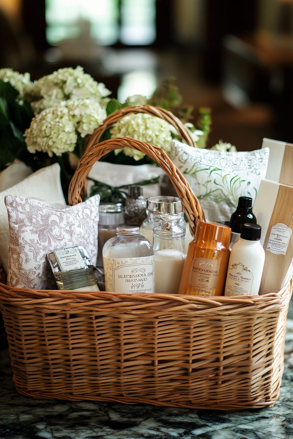 A wicker basket brimming with luxurious bath and body products is set upon a polished marble surface. The basket contains an assortment of items, including glass bottles filled with bath salts and other toiletries, small cushions with intricate patterns, a bar of soap wrapped in foil, and other personal care items. In the background, a bouquet of white hydrangeas adds a refreshing touch, with soft, natural light filtering in through a window, creating a serene atmosphere.