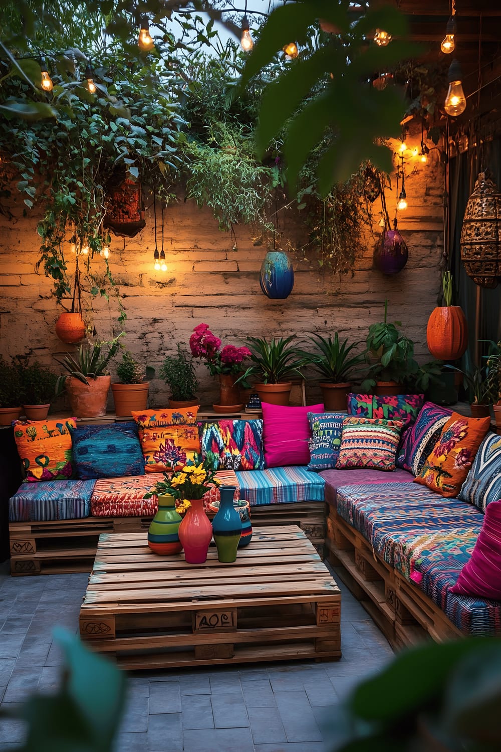 A bohemian styled backyard lounge area made from repurposed wooden pallets, with patterned cushions adding a pop of colour. The setup includes a small wooden coffee table adorned with bright vases. The space is accentuated by hanging plants and string lights creating an ambient atmosphere as seen in the evening light.