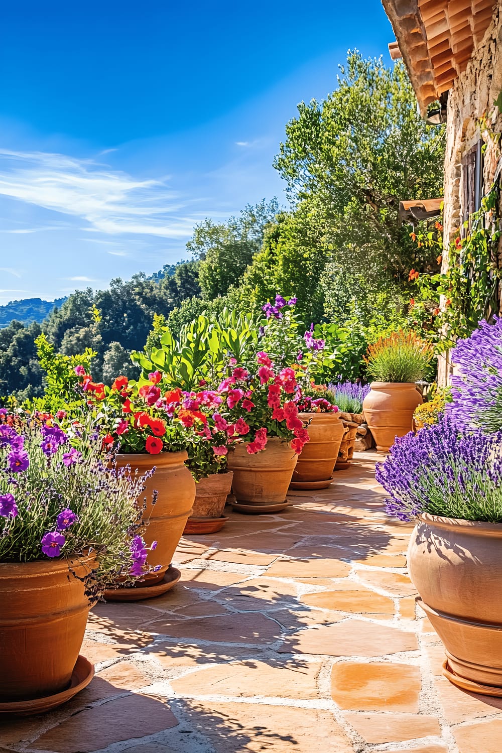 A bright and sunny Mediterranean-style terrace, filled with various terracotta pots of blooming geraniums and lavender. The edges of the terrace are adorned with warm-toned river rocks, a stone-tiled floor, all under a bright blue sky.