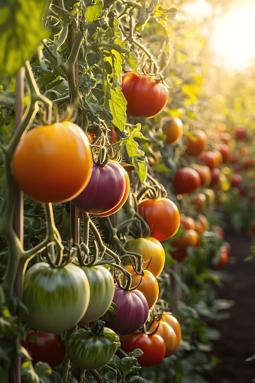 A diverse garden abounding with a variety of heirloom tomatoes: deep purple Cherokee Purples, bright yellow Golden Jubilees, striped green Green Zebras, and rich orange Persimmon Tomatoes. Each variety grows on wooden trellises, basking in the golden sunlight that brings out the various tomato colors.