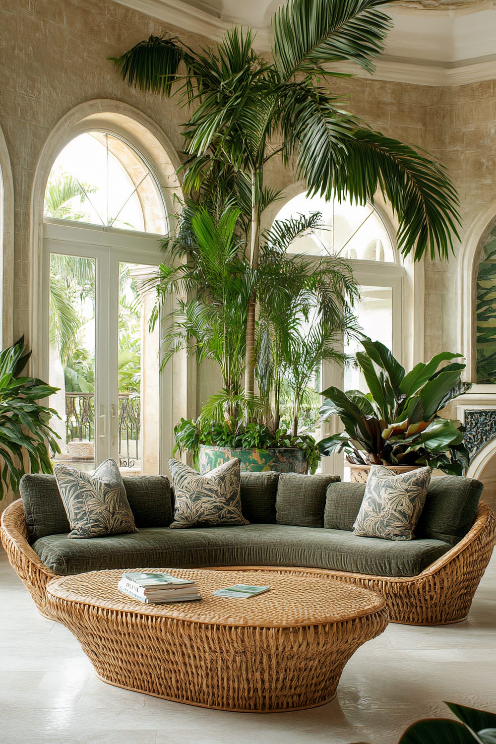 A tropical-themed living room with a large rattan cocktail table and a half-moon shaped sofa covered in green velvet. The room features large indoor plants and ample natural light coming through arched windows and glass doors.