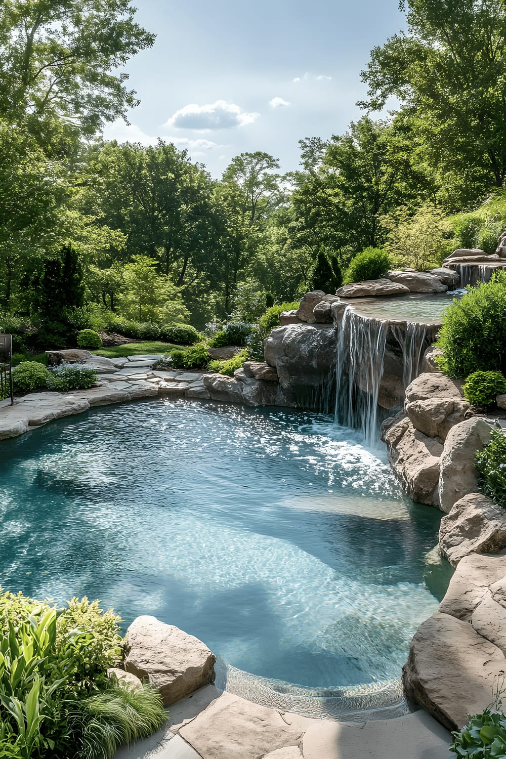 A breathtaking backyard swimming pool, intricately designed to mimic a natural pond. The pool area is adorned by smooth rock formations on one side, along with a cascading waterfall. Dense foliage and native plants envelop the pool, adding to its natural aesthetic appeal.