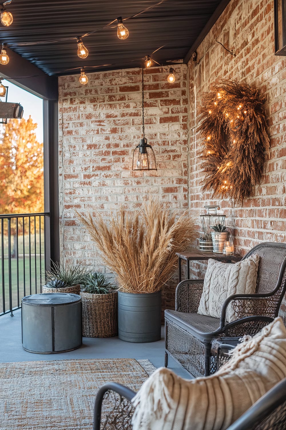 A cozy outdoor patio space features a rustic brick wall adorned with string lights and a decorative wheat wreath, illuminated warmly. The setting includes a comfortable wicker chair with a textured pillow, adjacent to a small side table with candles and potted plants. A large bucket with dried pampas grass and other planters sits to the side, adding a natural element. Overhead, a hanging glass lantern light complements the ambiance.