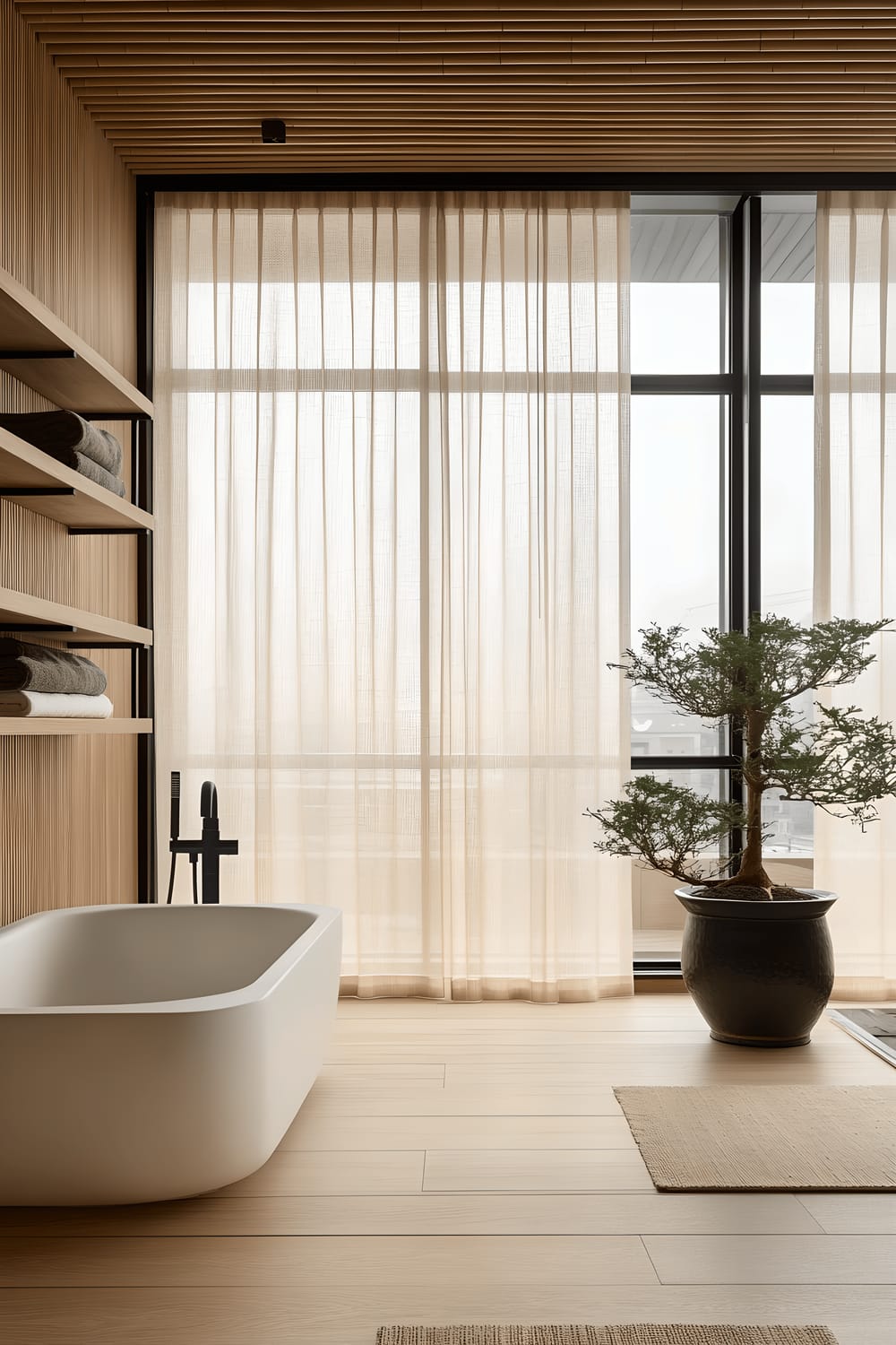 A serene bathroom in the style of a Tokyo apartment with a white freestanding tub, sleek black fixtures, and floor-to-ceiling windows draped with sheer curtains. Soft natural light filters in, enhancing the minimalist wooden shelves that hold neatly arranged bamboo accessories. Additional features include a single bonsai tree housed in a ceramic pot, adding a Zen touch to the tranquil atmosphere.