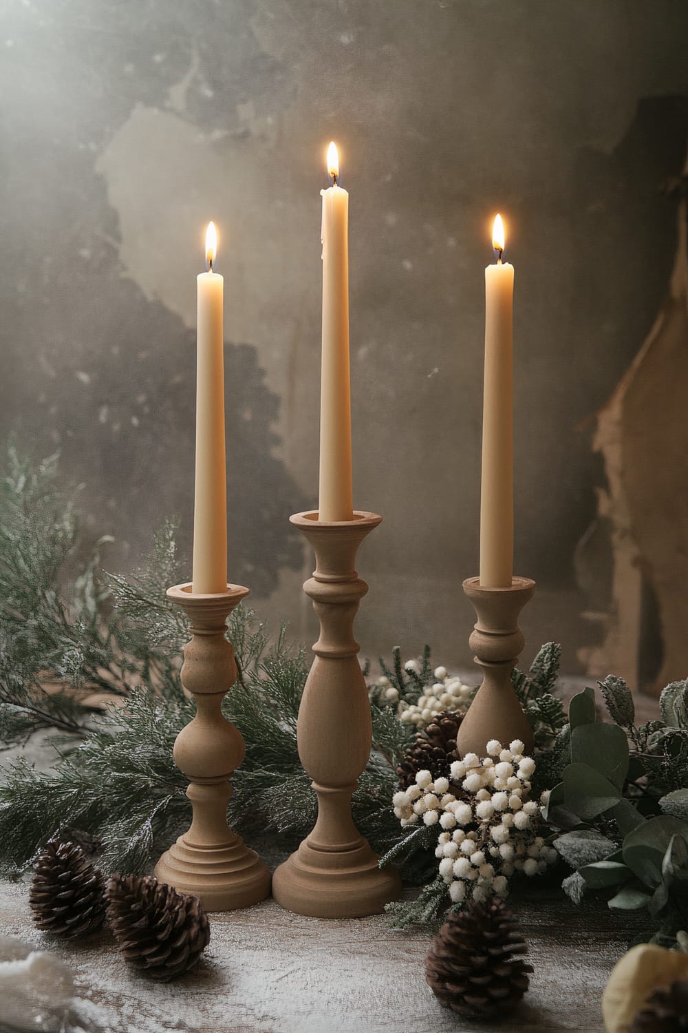 Three lit neutral-toned candlesticks of varying heights are placed in a serene arrangement. They are surrounded by minimalist faux greenery and small white pinecones. The scene is bathed in soft, diffused spotlighting, creating a forest-like ambiance with deep shadows.