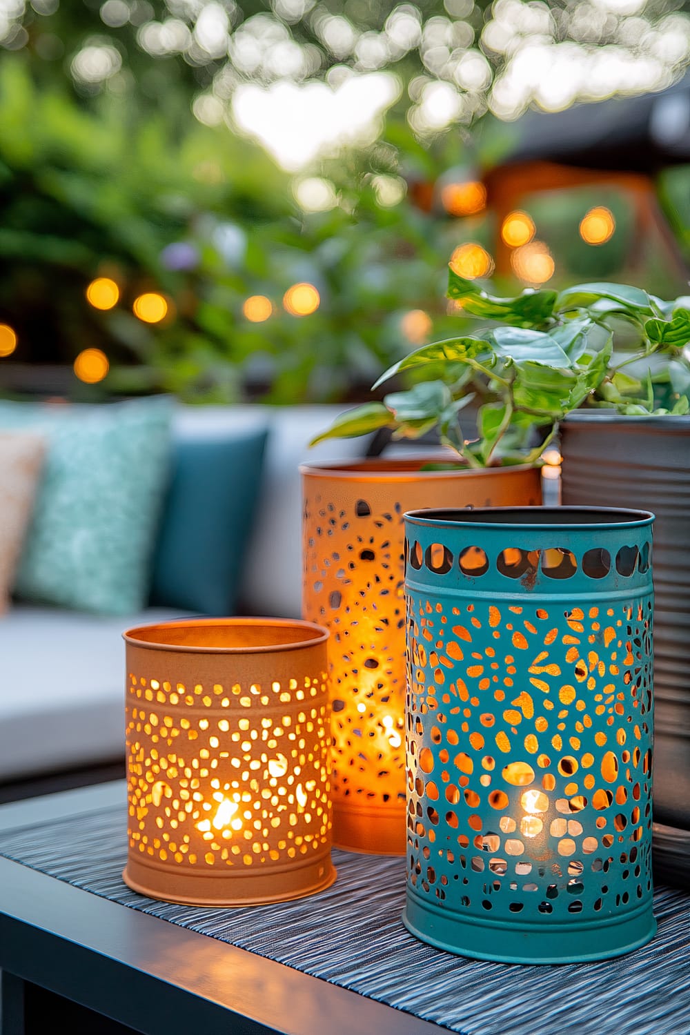 A set of upcycled tin lanterns painted in vibrant hues of orange and teal are placed on a modern patio table. The lanterns have intricate cut-out patterns that cast colorful light. In the background, there are green plants, string lights, and simple outdoor furniture with patterned cushions.