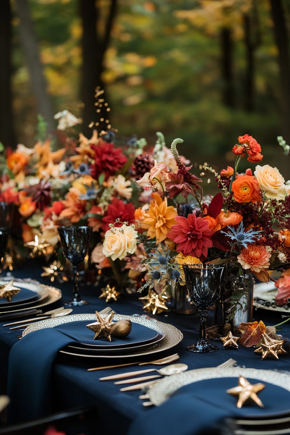 A beautifully decorated dining table set outdoors, adorned with an abundance of autumn-colored flowers including red, orange, and yellow blooms. The table settings feature black plates, gold cutlery, black-tinted glasses, and blue napkins, with small golden star decorations scattered around.